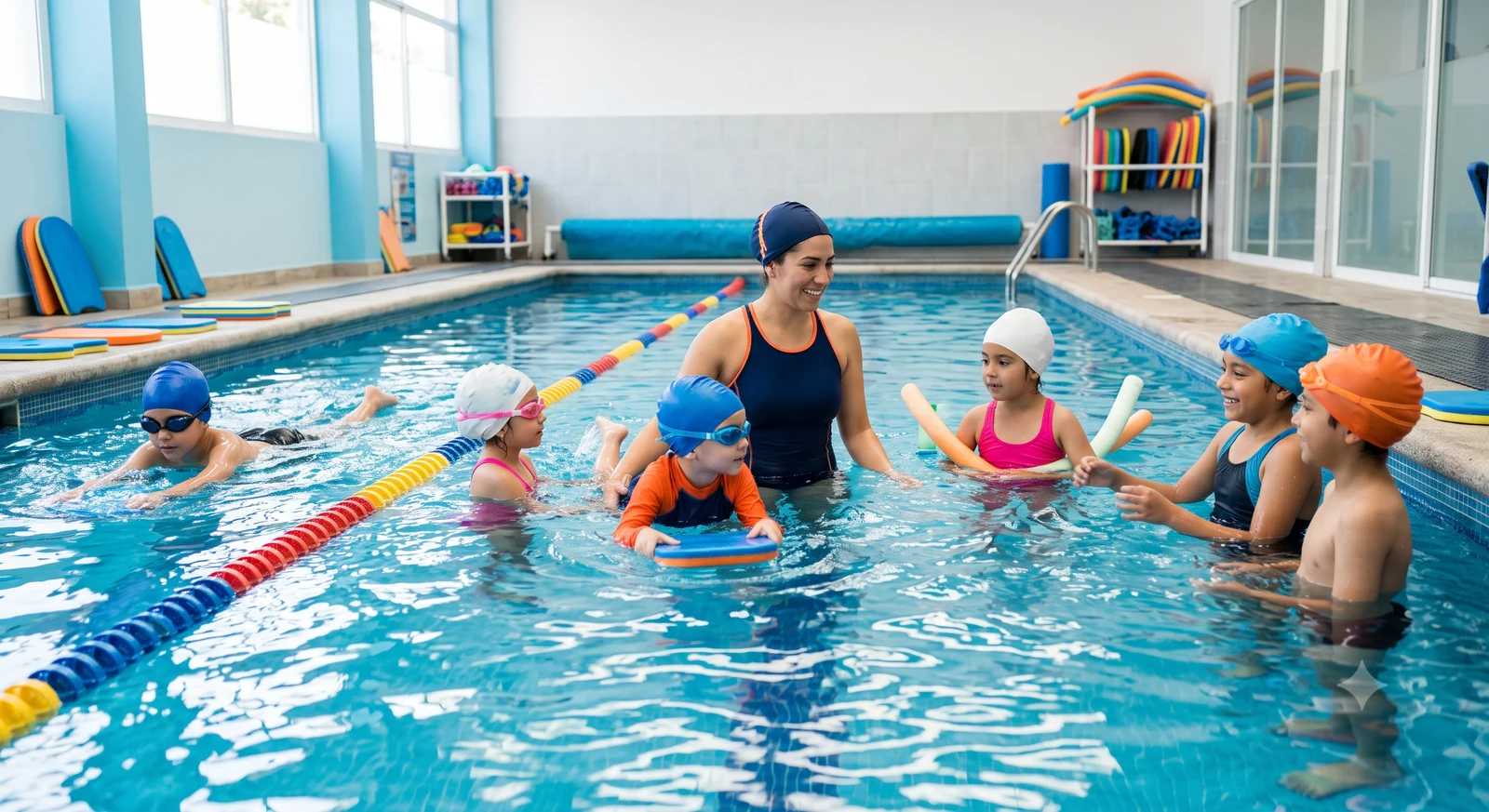 Niños participando en una clase grupal de natación